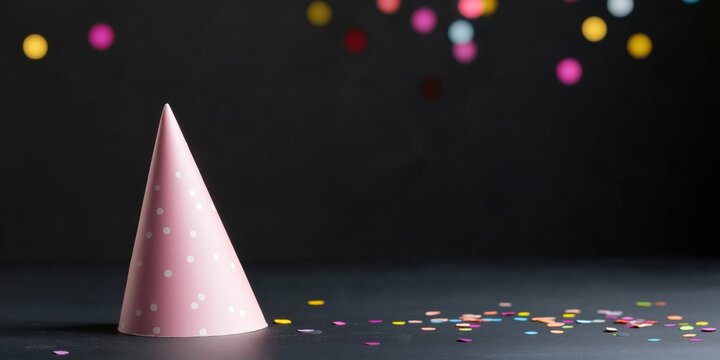A pink party hat is on a table with confetti. The hat is the main focus of the image, and the confetti adds a festive and celebratory atmosphere