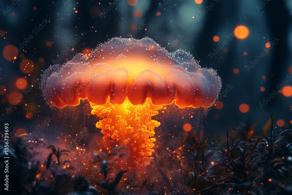 Aufkleber mushroom cloud illuminated by vibrant glowing particles rises in a dark forest at twilight