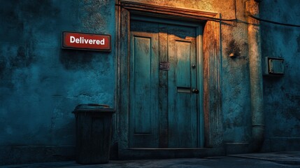 Rustic Door with Delivered Sign on Urban Wall at Night