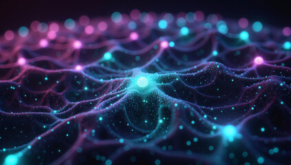 Abstract neural network visualization with glowing nodes in blue, purple, and red hues, capturing AI and machine learning concepts. Ideal for tech