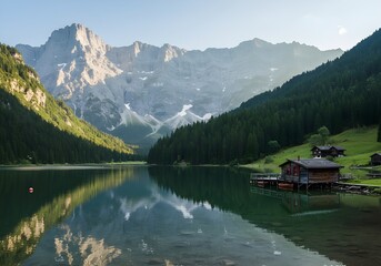 Naklejka premium Mountain Landscape with Lake, Cabin, and Forest - Scenic Nature View