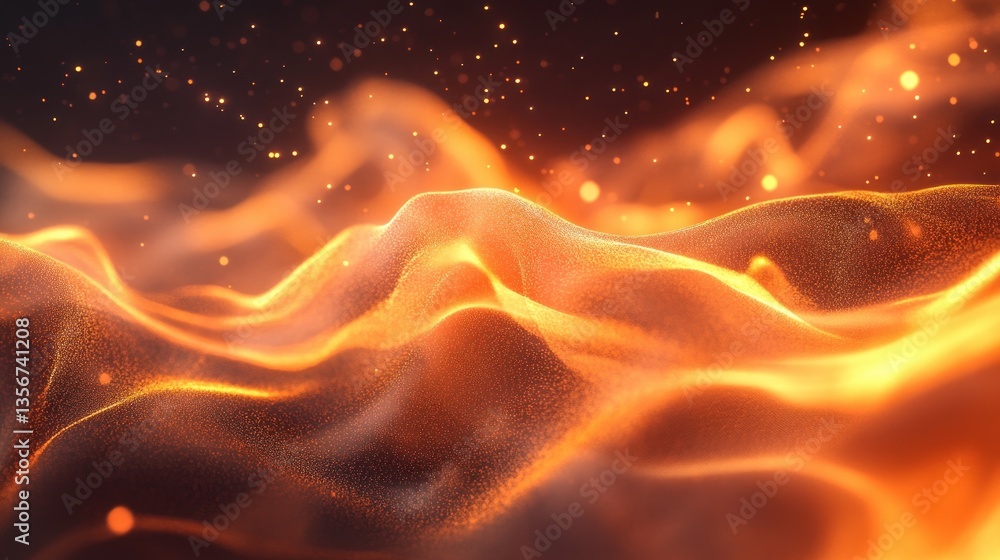Poster glowing particle waves evoking warmth energetic flow sparkles dancing light abstract digital render