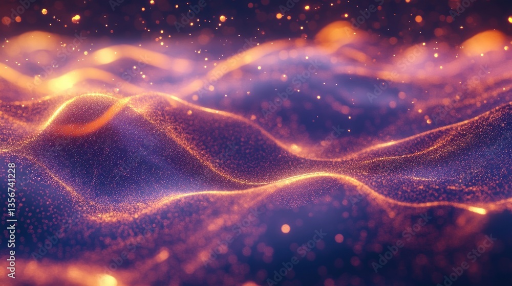 Poster abstract glowing golden particles in motion on dark purple background creating dynamic waves