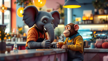 An elephant and a monkey chatting in a cafe together