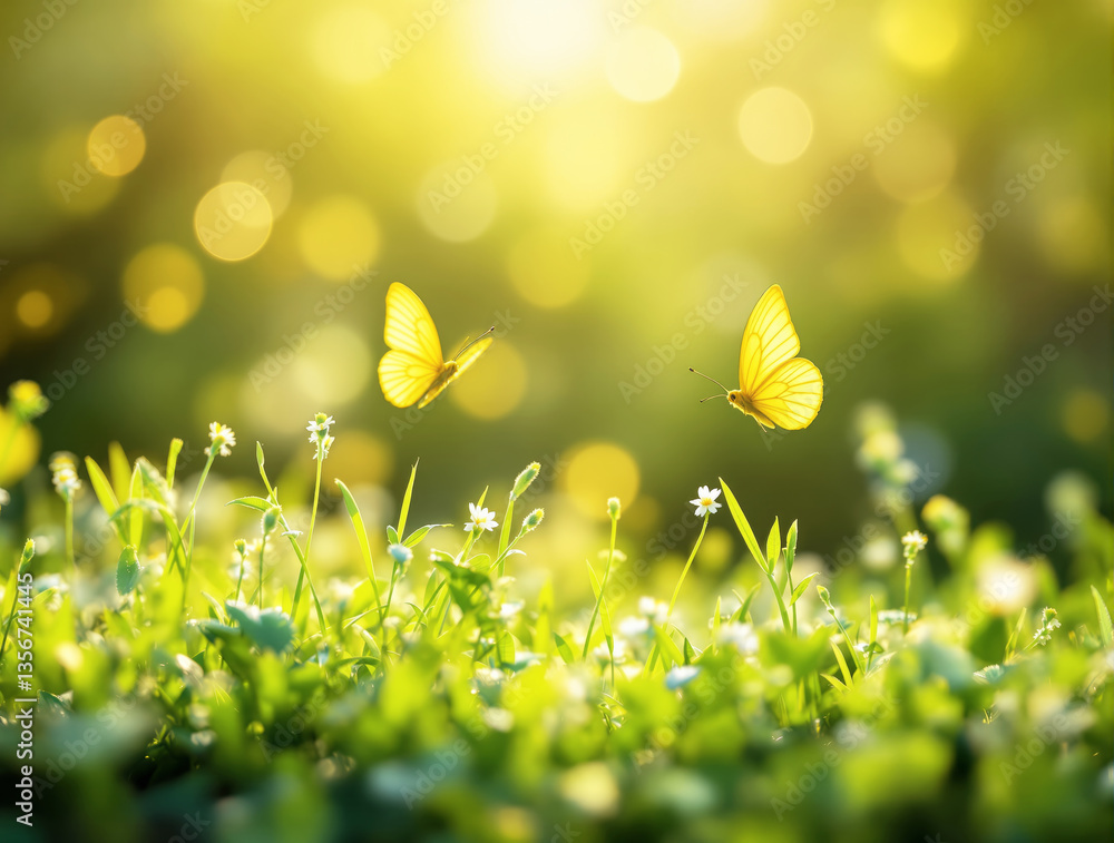 Poster two yellow butterflies flutter over lush green grass dotted with tiny white flowers, glowing in warm