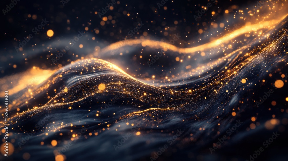Poster dynamic abstract flowing energy wave with shining gold particles on a dark fluid background