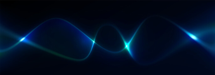 Neon background with glowing lines of light curling through with crossing each other. Cosmic and science abstract banner and cover. Vector illustration.