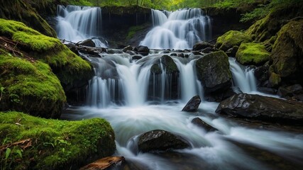 Serene waterfall cascading over mossy rocks in a lush green forest  