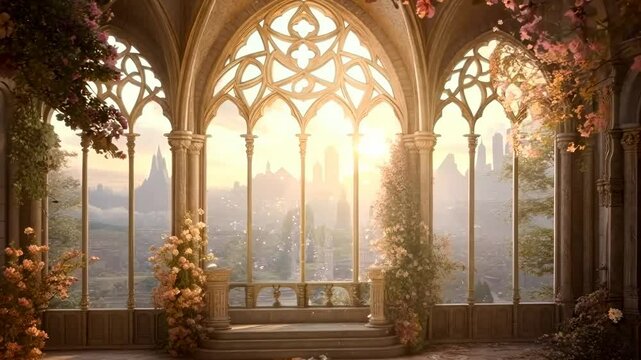 A dreamy, ethereal scene with Gothic arches framing a sunset view. The wide-angle shot evokes a fantasy video game setting with lush foliage. Live desktop wallpaper.