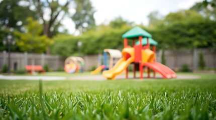 Colorful children's playground blurred in the garden yard with green grass