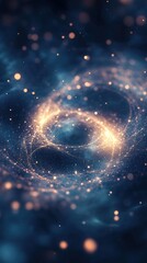 Obraz premium Radiant cosmic swirl on dark blue backdrop evoking nebula galaxies with golden particles and bokeh lights