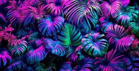 Colorful tropical leaves with neon pink, blue, and green tones on a dark background. Creative botanical wallpaper concept. Ai generative