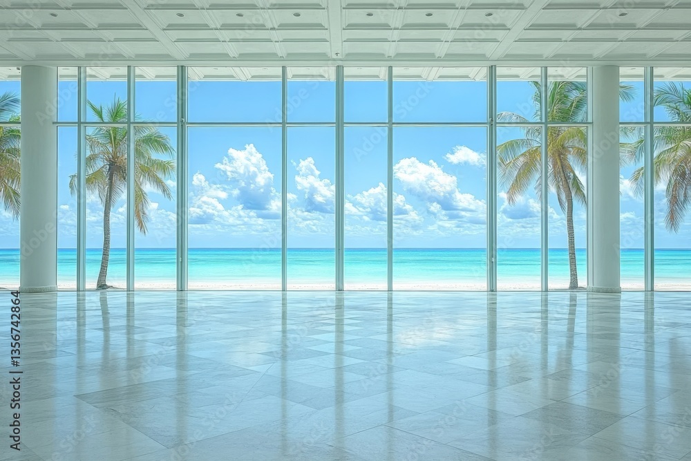 Poster bright tropical view from a modern building overlooking a sandy beach and ocean with palm trees