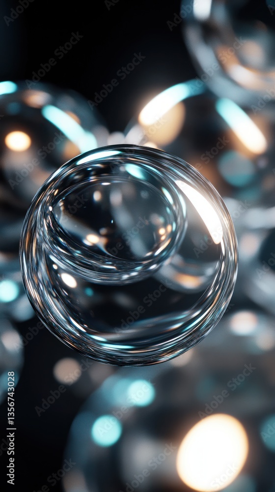 Poster transparent spheres with reflective surfaces create a futuristic abstract effect of light and shapes
