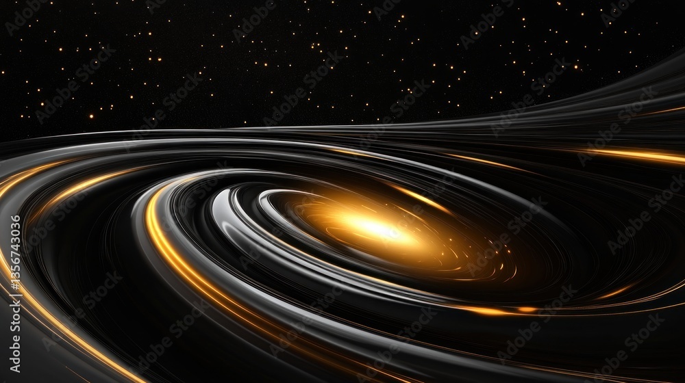 Poster Dramatic vortex with golden highlights in black space design abstract style shiny texture backdrop