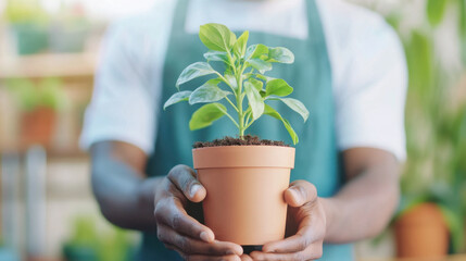 person wearing apron holds small potted plant with vibrant green leaves, symbolizing care and growth, in plant shop filled with lush greenery in background