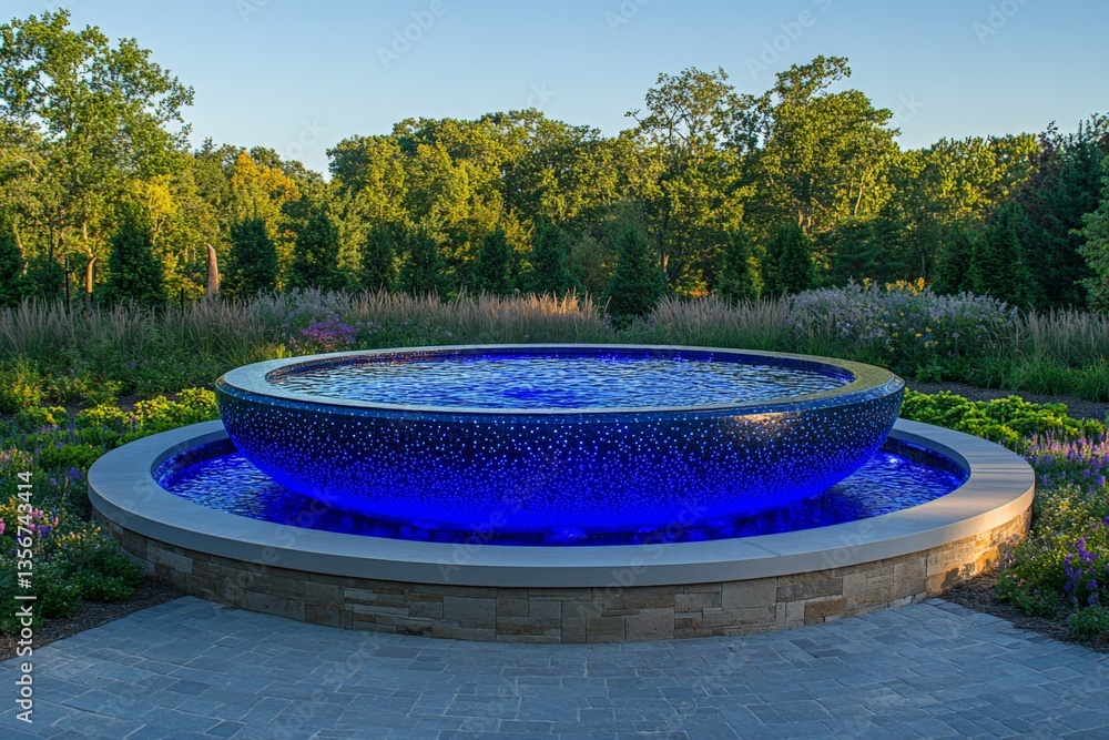 Aufkleber Stunning circular water feature with illuminated blue surface in a tranquil garden setting during sunset