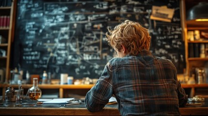 Fototapeta premium Young Scientist Contemplating Equations on Blackboard in Lab