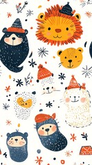 Cute winter animal illustrations with hats.