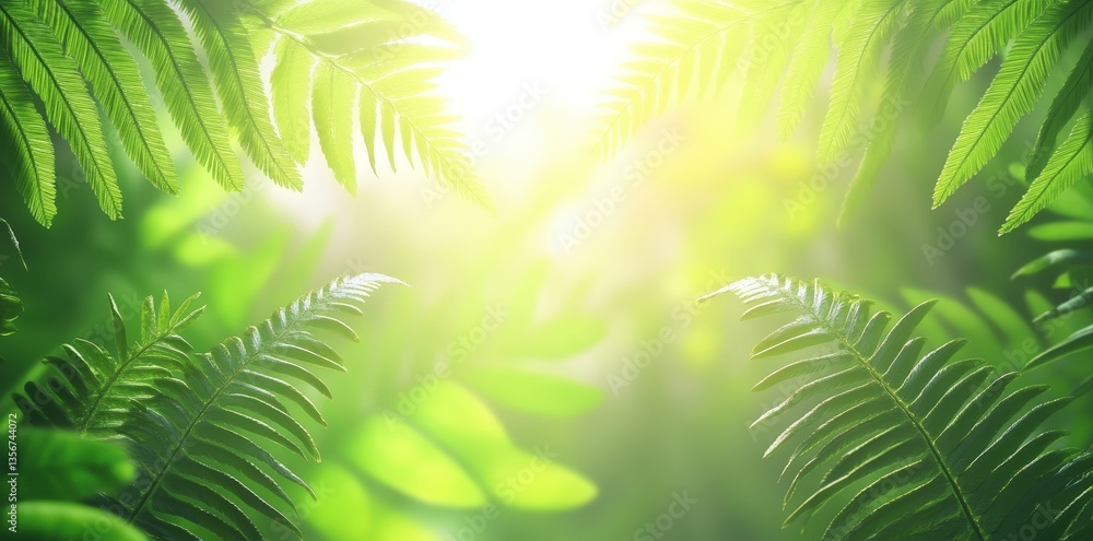 Aufkleber a serene view of lush green ferns illuminated by soft sunlight, creating a tranquil and refreshing n