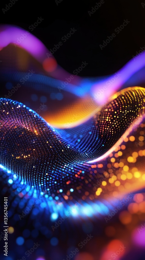 Poster abstract luminous waveform on black background, futuristic visualization, digital technology network