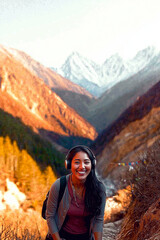 Naklejka premium Nepali Woman with Headphones on Mountain Trail – Mt. Everest Sunrise