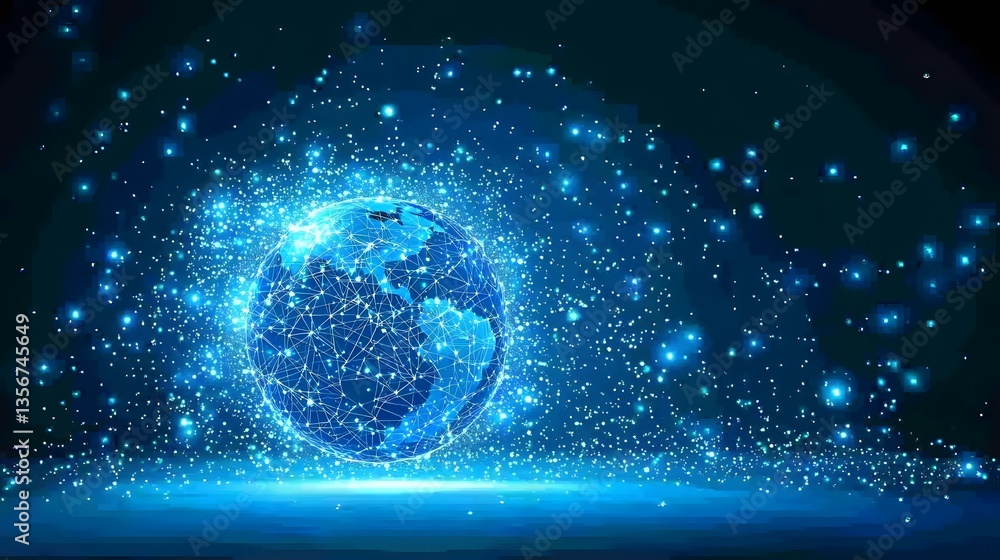 Poster the image contains a stylized, glowing blue representation of the earth, constructed from interconne