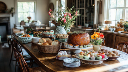 Fototapeta premium Table Filled With Food And Flowers