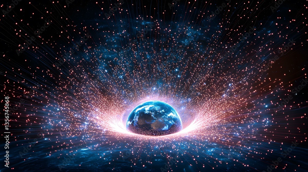 Poster the image shows a digital rendering of planet earth at the center of a vibrant, multicolored explosi