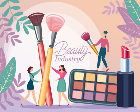 beauty cosmetics people with cosmetic accessories brushes nail polish lipstick eyeshadow doing makeup vector