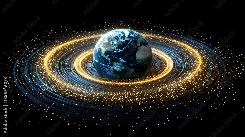 Poster a 3d rendering of planet earth encircled by a swirling ring of golden light and particles against a 