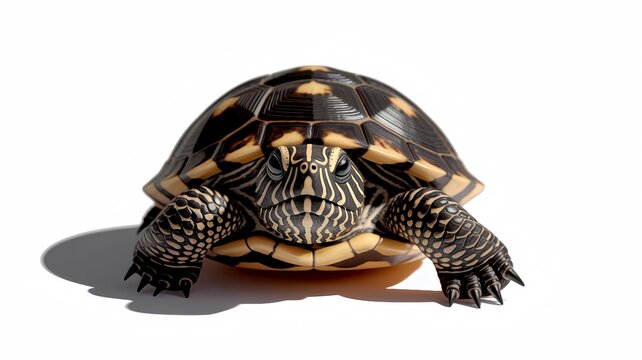 Tortoise with patterned shell on white background, front view close-up