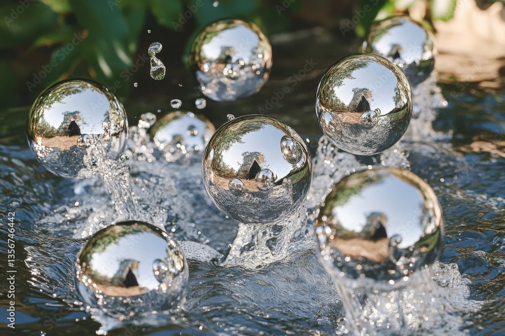 Poster Reflective spheres create mesmerizing splash effects in a calm water setting during daylight hours