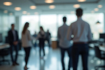 A quiet moment of contemplation amidst a busy workday, colleagues pause in a modern office space, soft lighting blurring details into a peaceful scene.