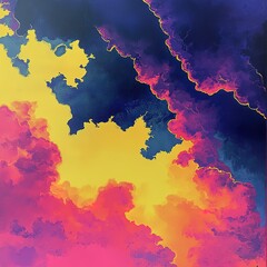 Bright electric yellow and magenta clouds, vibrant and bold with smooth glossy patterns