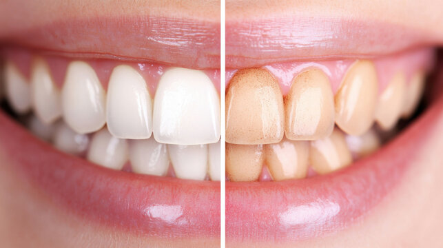 side by side comparison of whitened teeth versus stained teeth, showcasing effects of dental whitening treatments and oral hygiene on tooth appearance