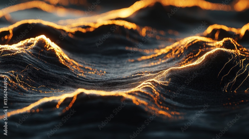 Poster abstract shimmering wave pattern with golden light effects undulating design digital artwork surface