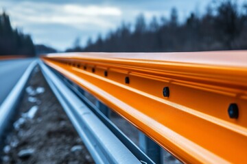 Bright orange guardrail along a highway surrounded by trees under a cloudy sky