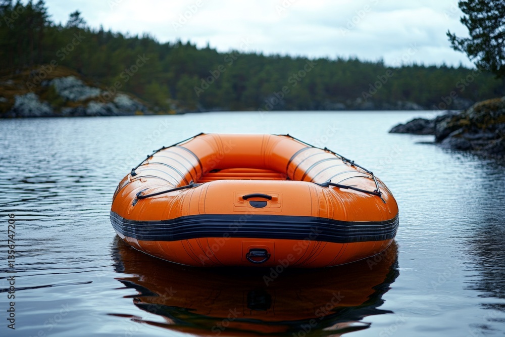 Poster bright orange inflatable raft floating on calm lake surrounded by pine forest under cloudy sky
