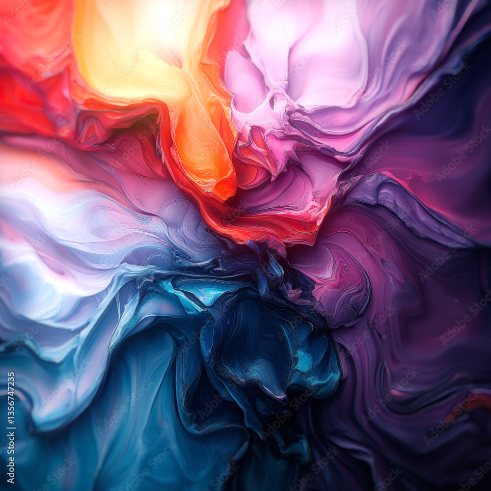 Poster abstract illustration with smooth, flowing shapes in deep blues, purples and oranges. the dynamic co