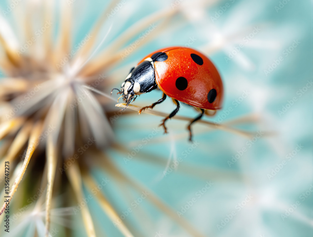 Poster close-up of a ladybug on a dandelion seed head with a soft turquoise background. macro photography c