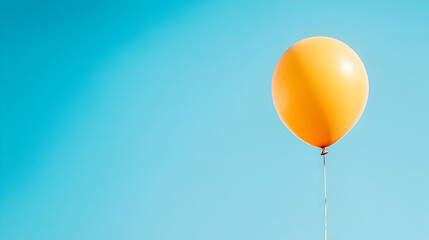 Single orange balloon floating against clear blue sky background for party invitations, birthday designs or children's content. Selective focus