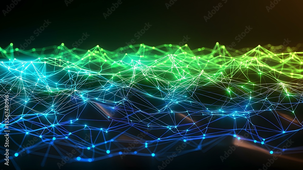 Poster the image shows a network of interconnected nodes forming a wave-like pattern, with vibrant green an