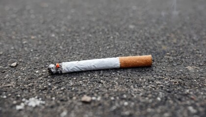 Discarded cigarette butt lies on asphalt, highlighting environmental pollution and littering. Emphasizes the impact of smoking waste on urban cleanliness and nature.
