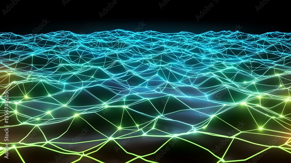 Poster an abstract digital landscape of glowing teal and lime green lines forming a network of interconnect