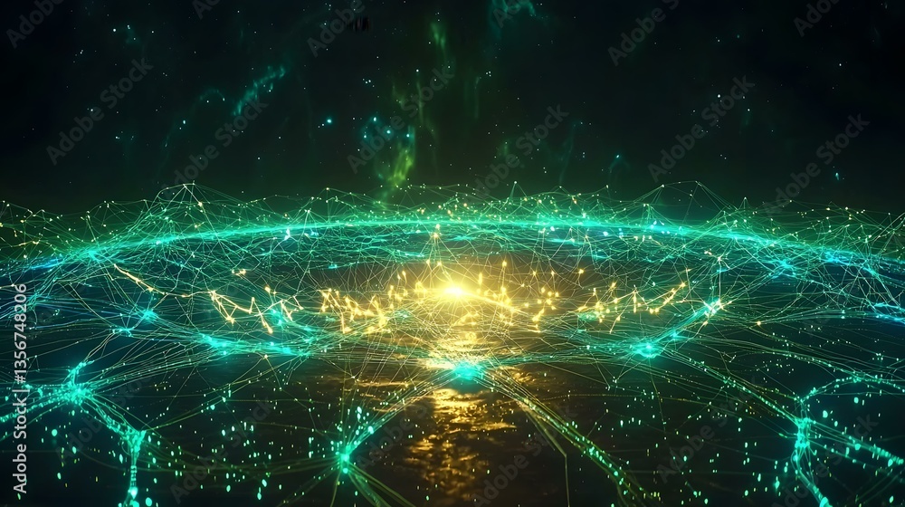 Poster the image shows an abstract representation of a network or connection, with glowing teal and gold li
