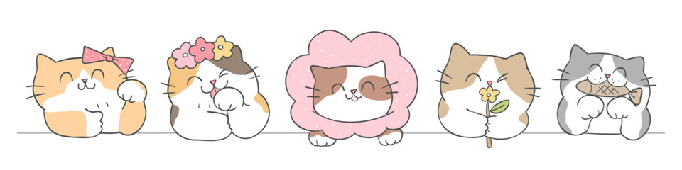 Vector Illustration of Cute Cartoon Cat Characters on Isolated Background. Hand Drawn Vector Illustration.