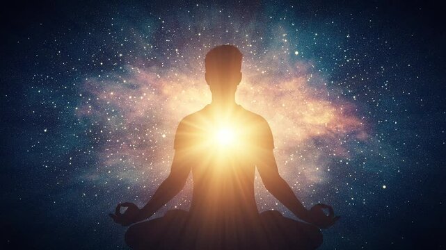 Silhouette of meditating man with bright light in his chest against starry night sky background