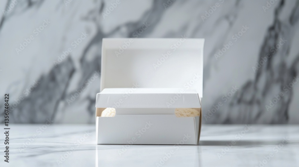 Poster clean white box presentation against marble backdrop creates a pristine elegant and minimalist studi