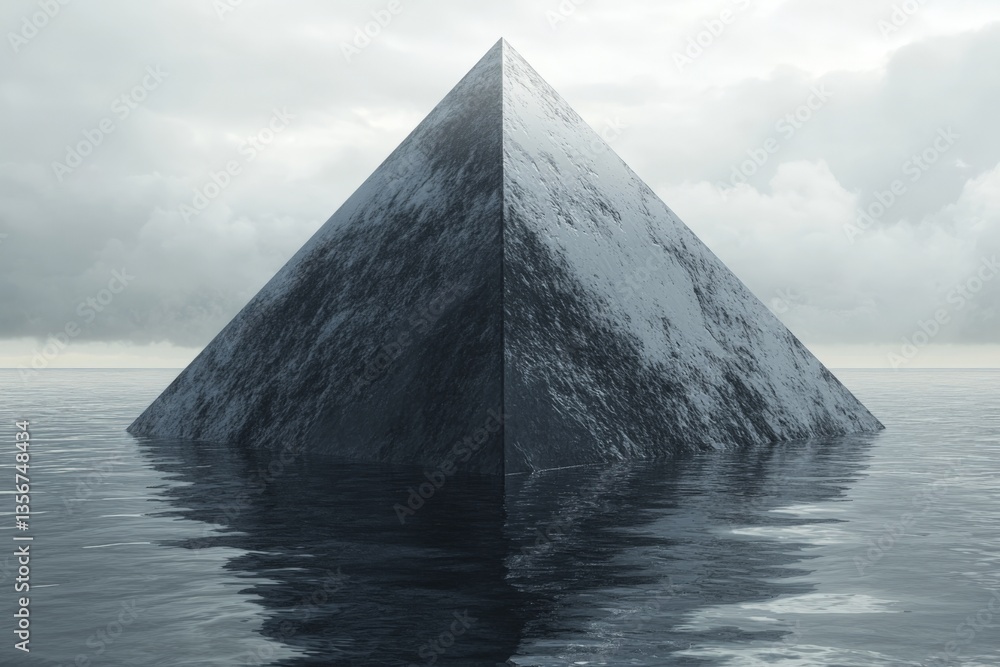 Poster Mysterious pyramid emerging from calm waters under a cloudy sky at twilight